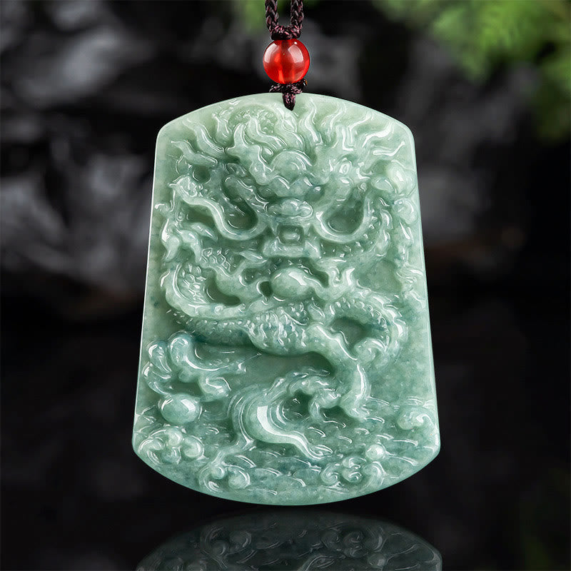 Mythstone Natural Jade Chinese Zodiac Dragon Sea Luck String Necklace Pendant