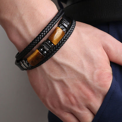 Mythstone Tiger Eye Power Magnetic Buckle Multilayered Leather Bracelet