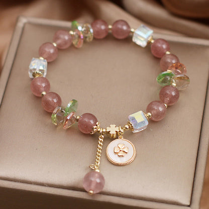 Mythstone Strawberry Quartz Lucky Four Leaf Clover Healing Charm Bracelet