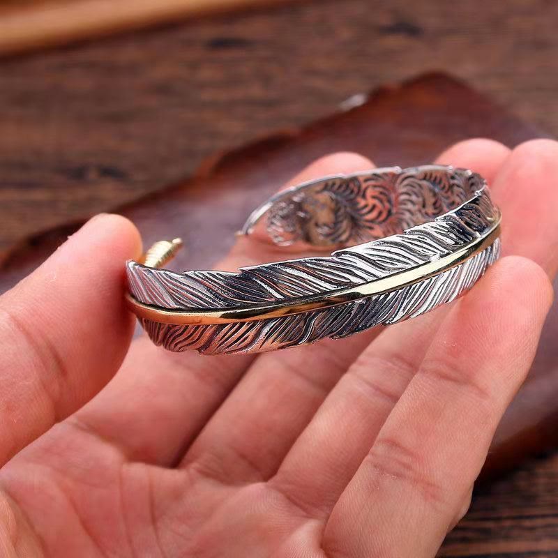 Mythstone Feather Pattern Carved Luck Wealth Cuff Bracelet Bangle