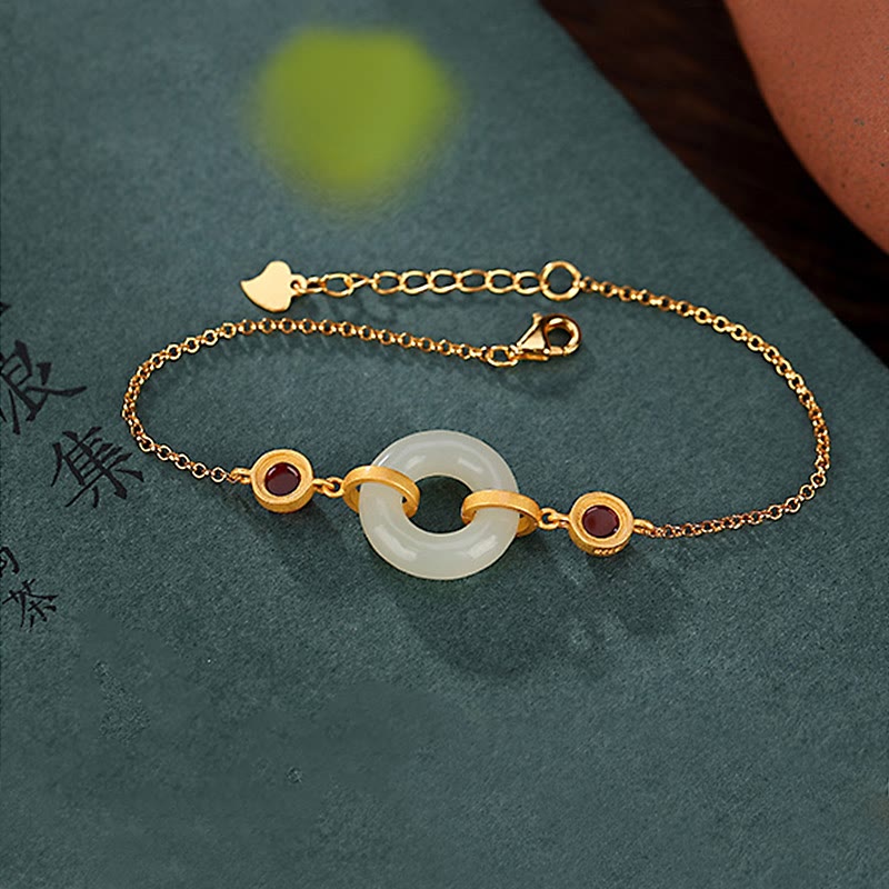 Mythstone 925 Sterling Silver Plated Gold Natural Hetian Jade Peace Buckle Red Agate Luck Bracelet