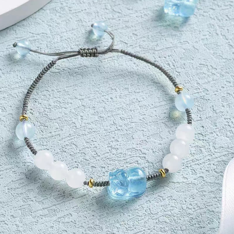 Mythstone Natural Aquamarine PiXiu Hetian White Jade Healing Bracelet