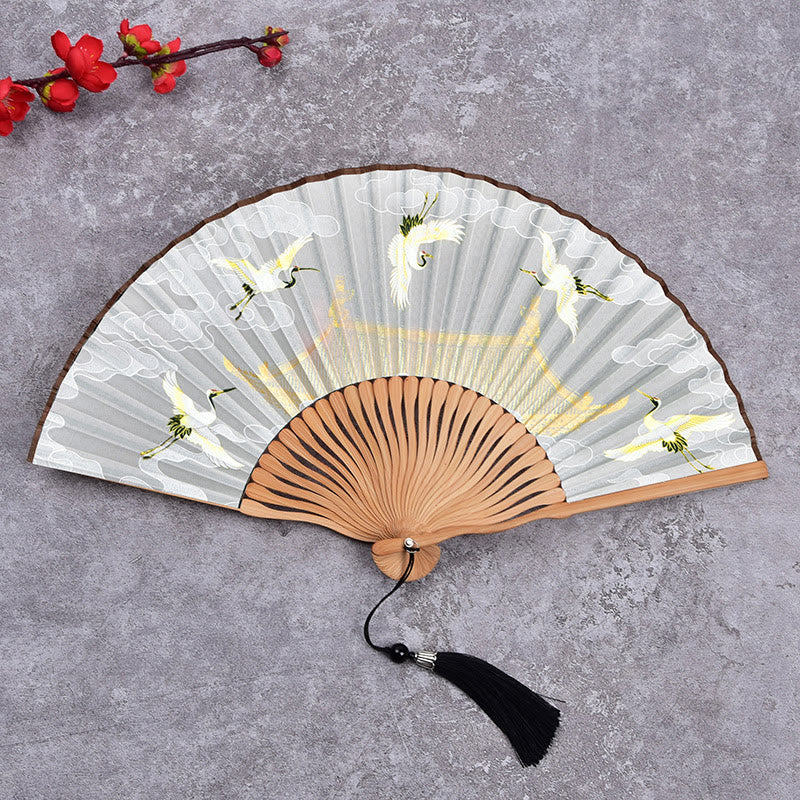 Mythstone Vintage Cloud Crane Pattern Handheld Bamboo Folding Fan