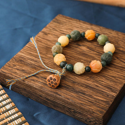 Mythstone Bodhi Seed Lotus Bead Engraved Moss Agate Peace Calm Bracelet