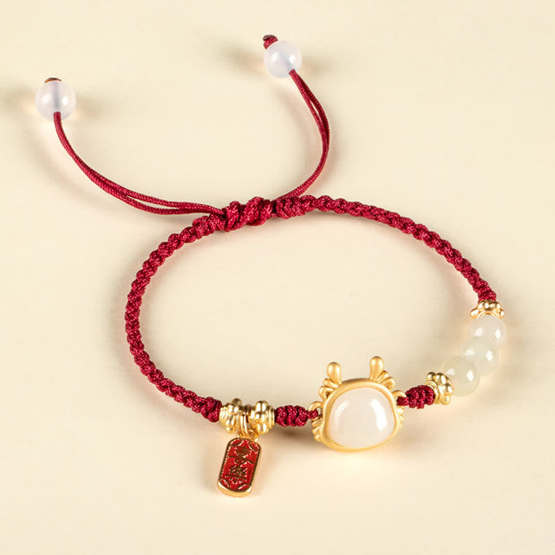 Mythstone Year of the Dragon Hetian White Jade Fu Character Peace And Joy Protection Bracelet