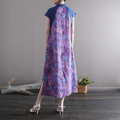 Mythstone Vintage Purple Flower Print Ramie Linen Cheongsam Midi Dress With Pockets