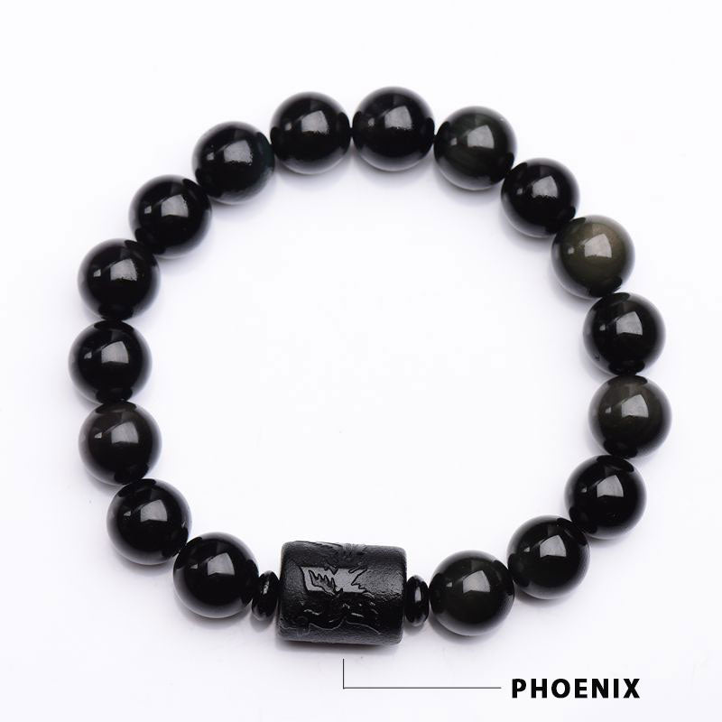 Pulsera de obsidiana negra con fénix y dragón para purificar el alma con Mythstone