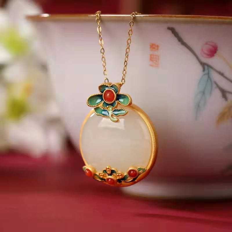 Mythstone White Jade Red Agate Flower Blessing Luck Necklace Pendant