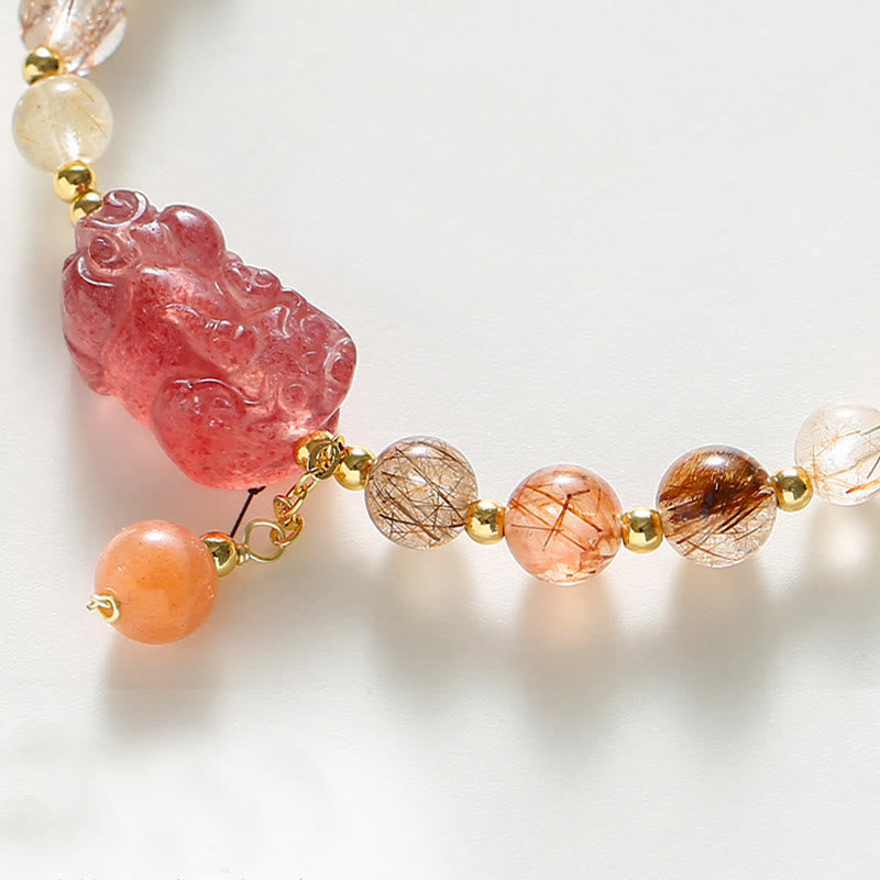 Mythstone Natural Rutilated Quartz Strawberry Quartz PiXiu Wealth Bracelet