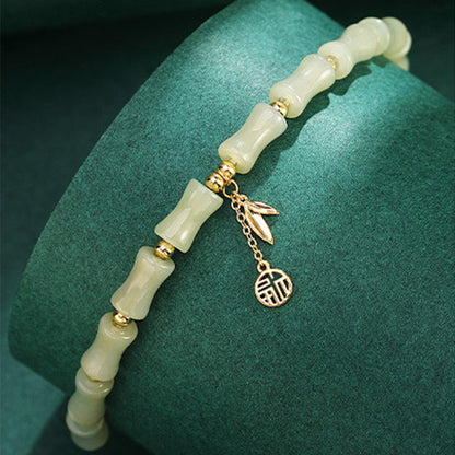 Mythstone 925 Sterling Silver Hetian Jade Bamboo Fu Character Prosperity Necklace Pendant Bracelet