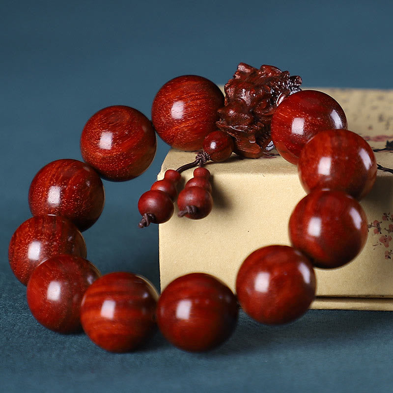 MythStone Rosewood Green Sandalwood Small Leaf Red Sandalwood Agarwood Dragon Carved Protection Bracelet