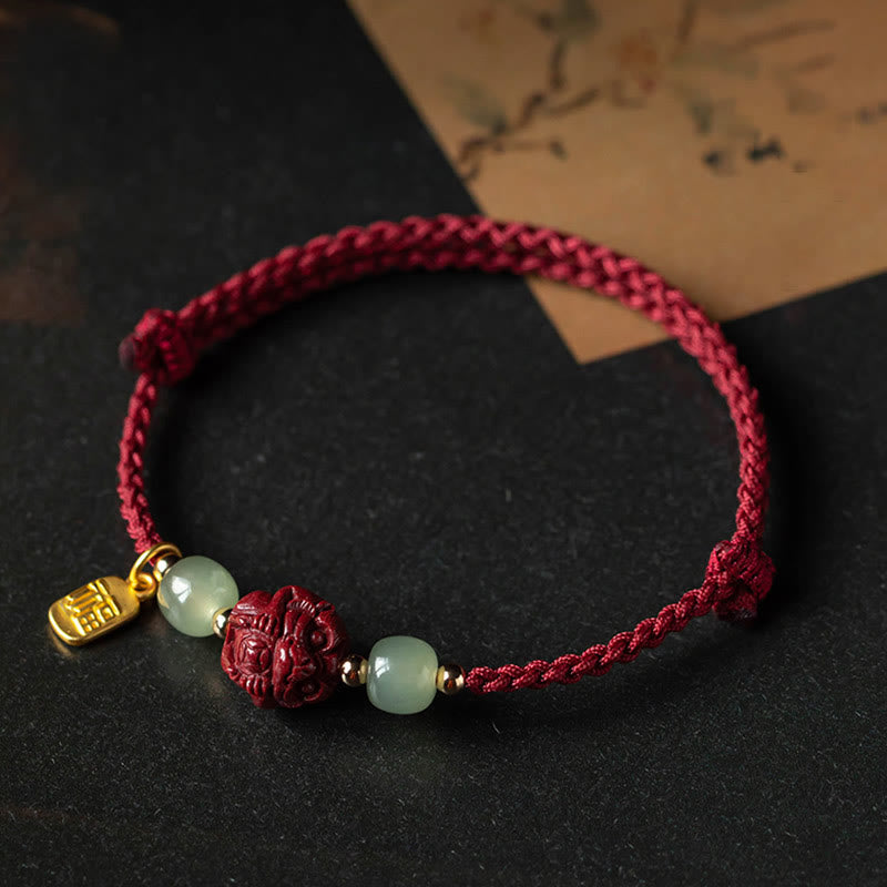 Mythstone Natural Cinnabar Chinese Zodiac Hetian Jade Fu Character Luck Rope Bracelet Bracelet Mythstone 9