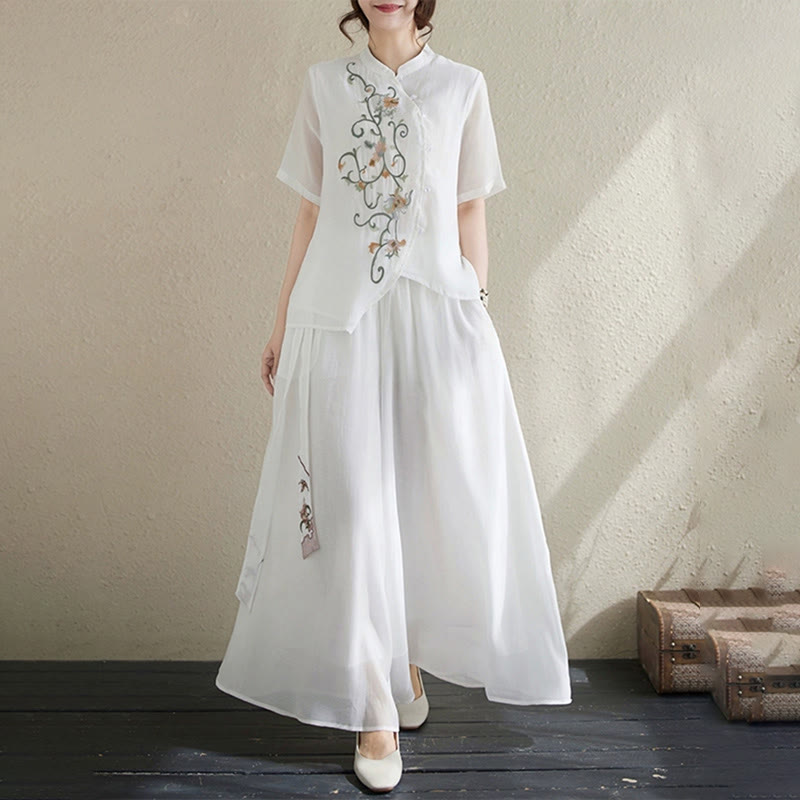 Mythstone 2Pcs Flower Embroidery Short Sleeve Tee T-shirt Wide Leg Pants Set