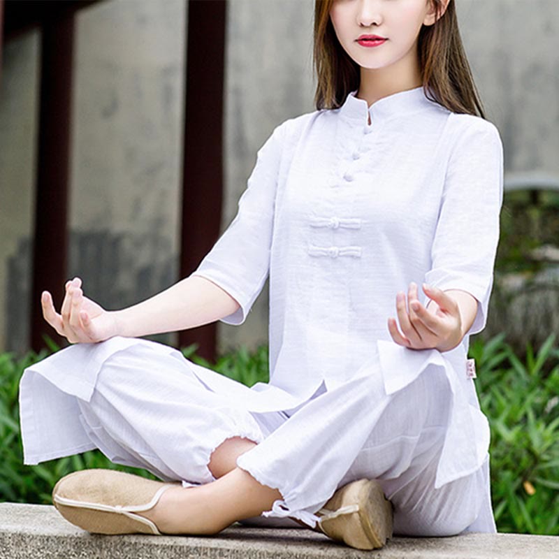 Mythstone 2Pcs Half Sleeve Shirt Top Pants Meditation Zen Tai Chi Linen Clothing Women's Set