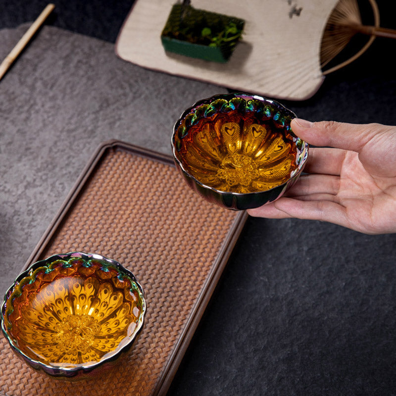 Mythstone Peacock Lotus Feathers Gold Inlaid Rainbow Color Jianzhan Ceramic Teacup Kung Fu Tea Cup