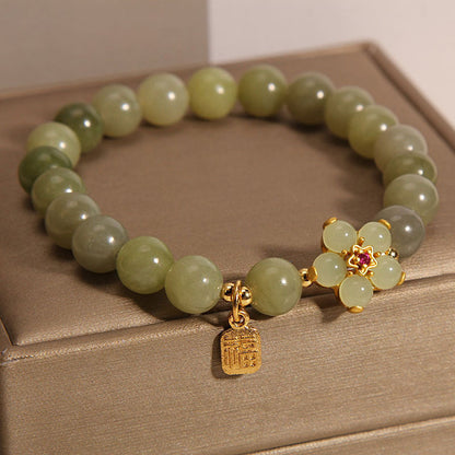 MythStone Green Jade Flower Fu Character Charm Luck Bracelet