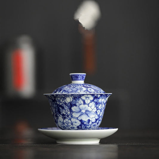 Mythstone Vintage Blue And White Porcelain Ceramic Gaiwan Sancai Teacup Kung Fu Tea Cup And Saucer With Lid