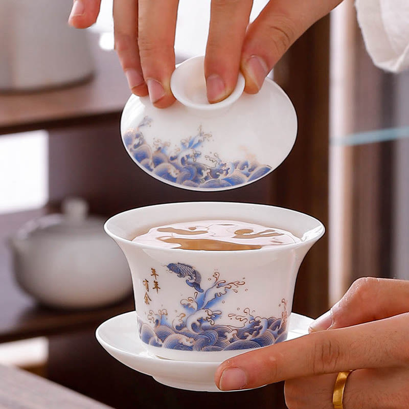 Mythstone White Porcelain Mountain Landscape Countryside Ceramic Gaiwan Teacup Kung Fu Tea Cup And Saucer With Lid