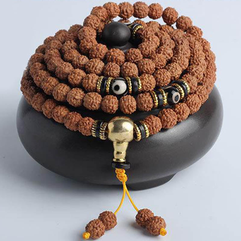 Mythstone 108 Mala Beads Rudraksha Bodhi Seed Dzi Bead Luck Wealth Bracelet