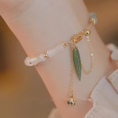 Mythstone 14K Gold Plated Hetian White Jade Bamboo Leaf Luck Protection Bracelet