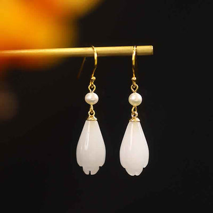 Mythstone 925 Sterling Silver White Jade Magnolia Flower Happiness Drop Earrings