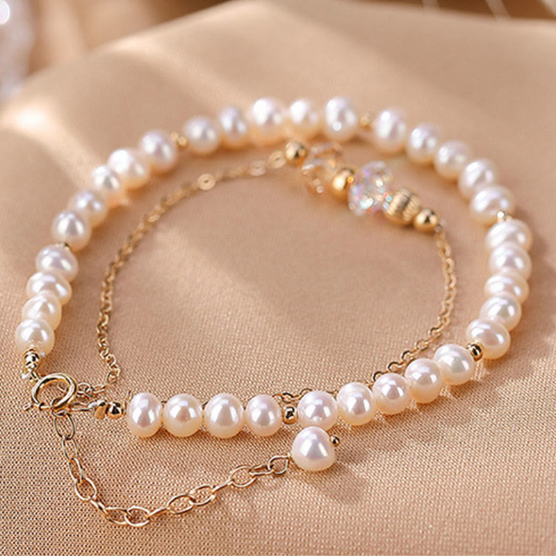 Mythstone 925 Sterling Silver 14K Gold Plated Natural Pearl Crystal Healing Double Layer Bracelet