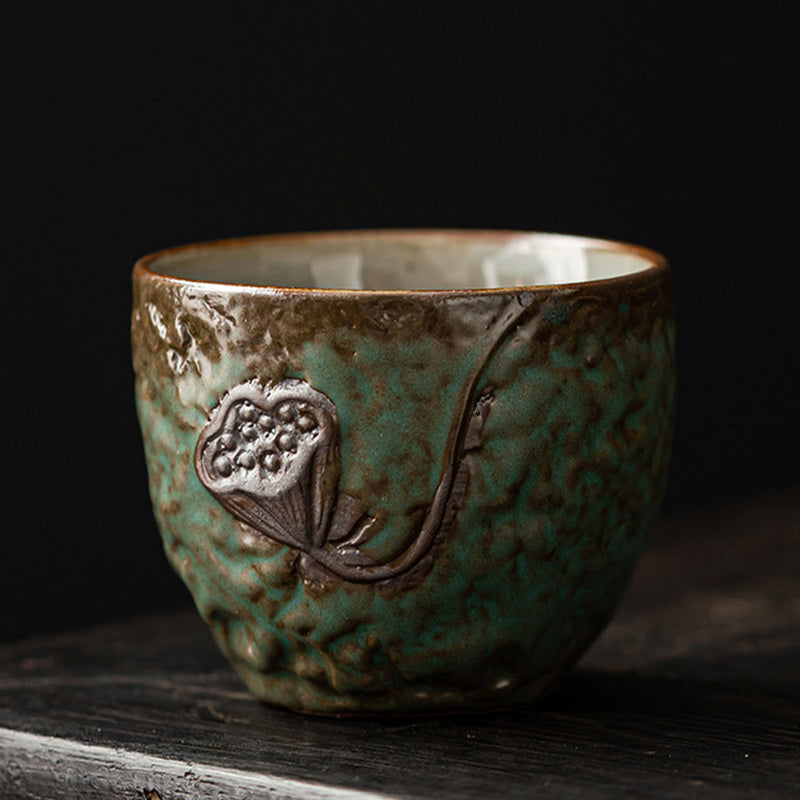 Mythstone Lotus Pod Leaf Flower Auspicious Clouds Ceramic Teacup Kung Fu Tea Cup