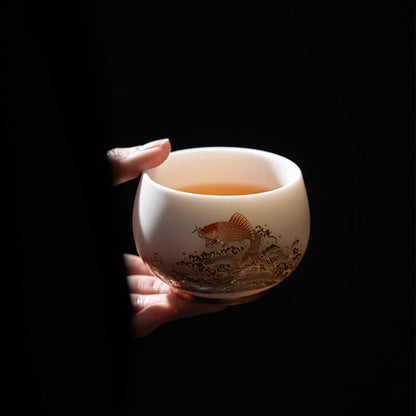 Mythstone Phoenix Dragon Lotus Deer Ancient Building Koi Fish Ceramic Teacup Kung Fu Tea Cups