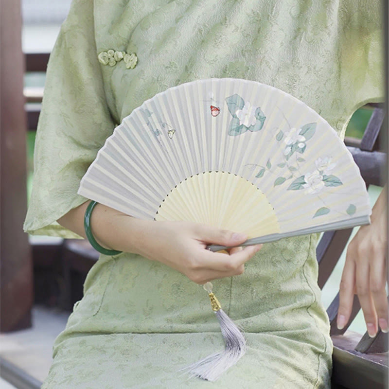 Mythstone Jasmine Flowers Handheld Bamboo Folding Fan