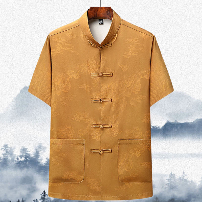 Mythstone Mountains Trees Tang Suit Hanfu Traditional Uniform Short Sleeve Top Pants Clothing Men's Set