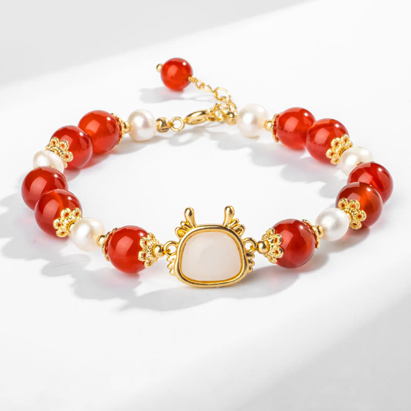 Mythstone 14K Gold Plated Year Of The Dragon Natural Red Agate Pearl Protection Fu Character Chain Bracelet