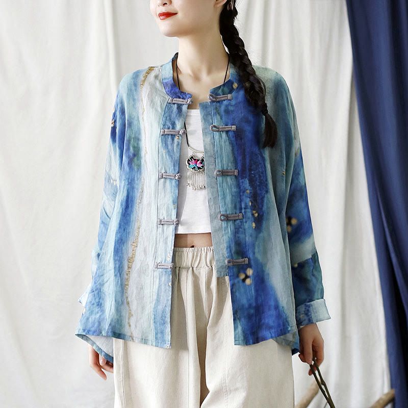 Mythstone Blue White Beige Small Flower Frog-button Design Long Sleeve Ramie Linen Jacket Shirt