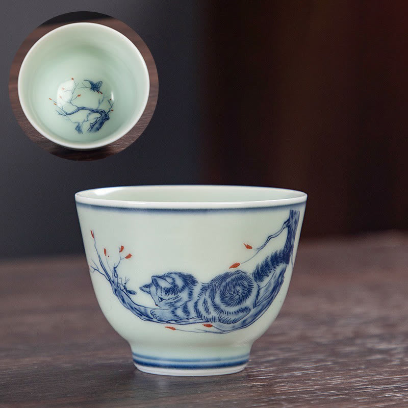 Mythstone Blue Landscape Mountains Lotus Cute Cat Pavilions Magnolia Reed Egrets Ceramic Teacup Small Kung Fu Tea Cup