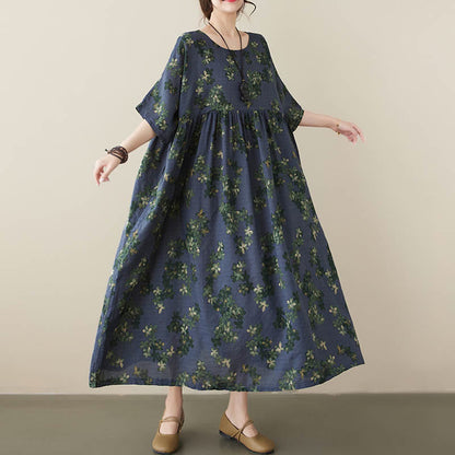 Mythstone Blue Brown Flowers Midi Dress Cotton Half Sleeve Tunic Dress With Pockets