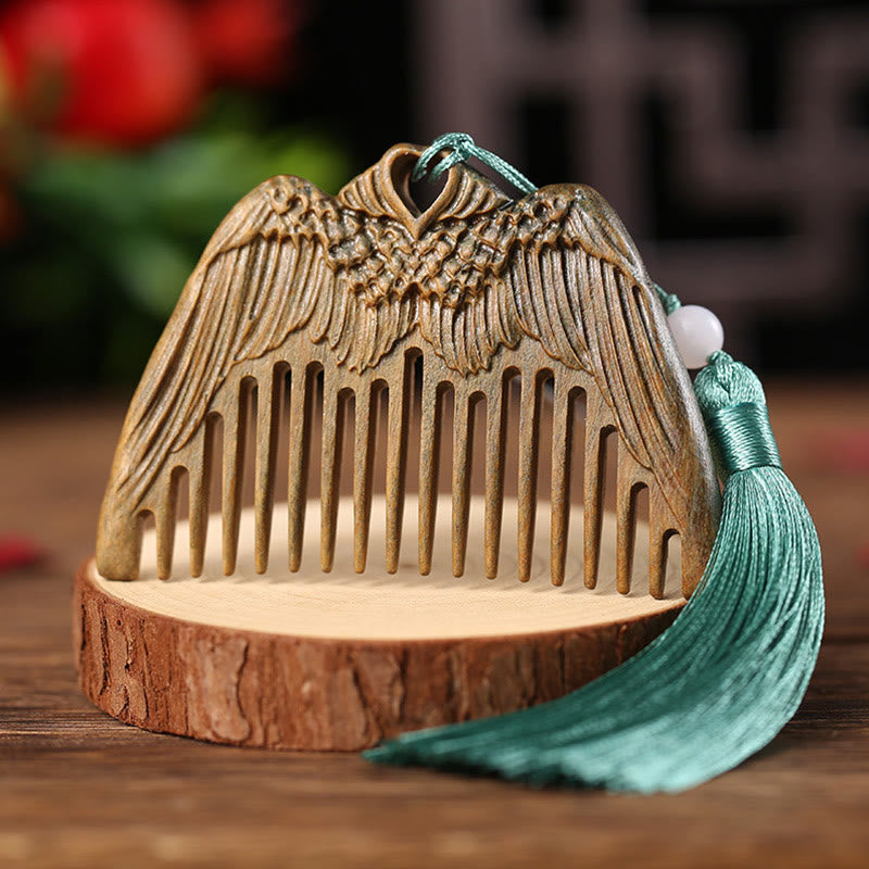 Mythstone Green Sandalwood Fox Peony Flower Lotus Engraved Cure Tassel Comb