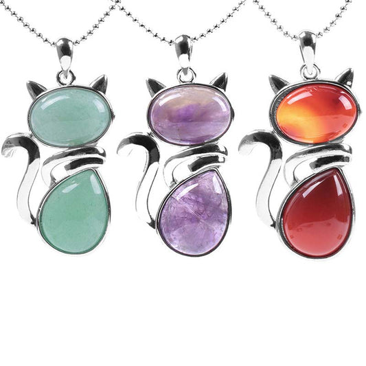 Mythstone Cat Pattern Natural Crystal Protection Necklace Pendant