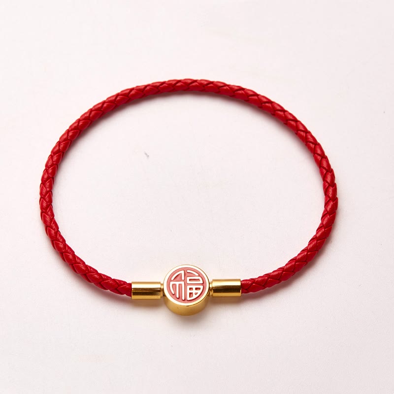 Mythstone Fu Character Blessing Fortune Leather Buckle Bracelet