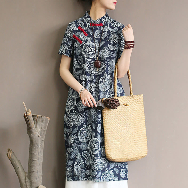 Mythstone Blue White Flower Frog-button Cheongsam Dresses Short Sleeve Linen Dresses With Pockets