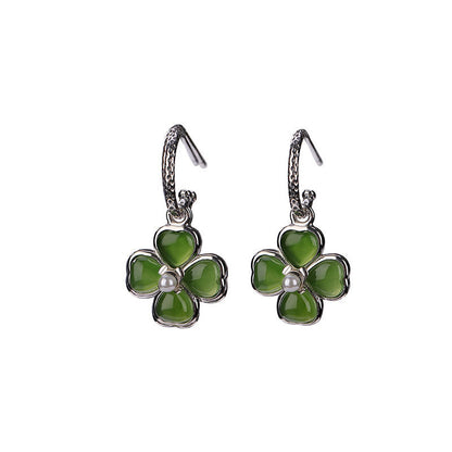 Mythstone 925 Sterling Silver Natural Cyan Jade Four Leaf Clover Luck Success Earrings