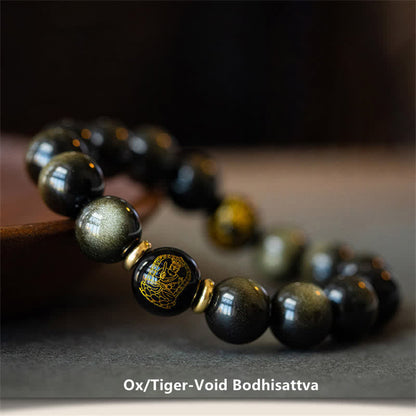 Mythstone Chinese Zodiac Natal Buddha Gold Sheen Obsidian Wealth Protection Bracelet