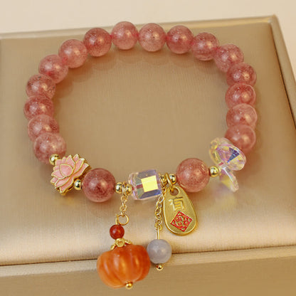 Mythstone Natural Strawberry Quartz Fu Character Pumpkin Charm Positive Bracelet