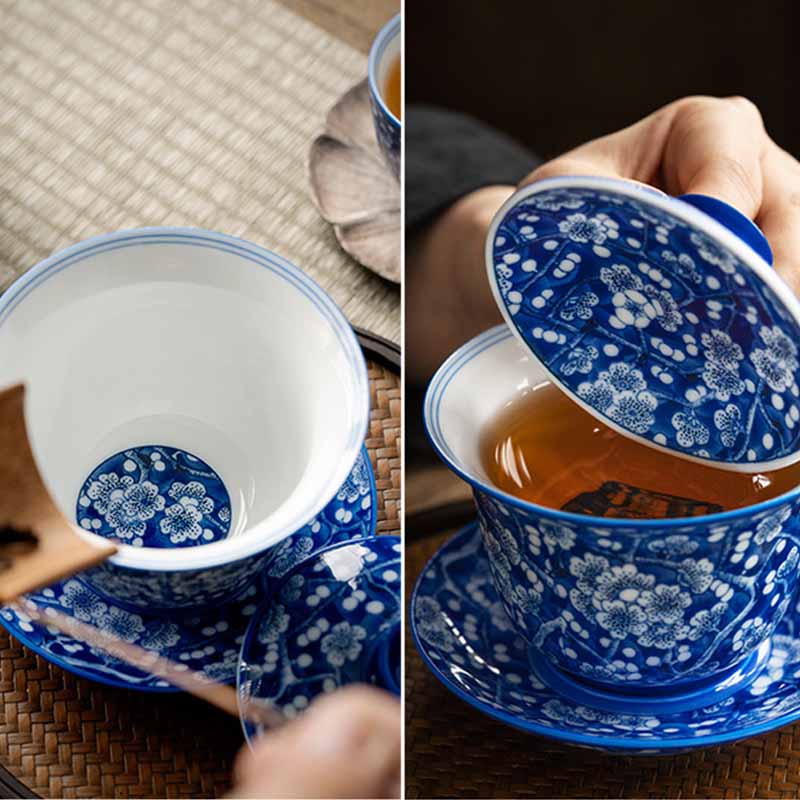 Mythstone Plum Blossom Blue And White Porcelain Ceramic Gaiwan Sancai Teacup Kung Fu Tea Cup And Saucer With Lid 185ml