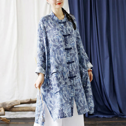 Mythstone Blue Flowers Butterfly Frog-Button Long Sleeve Ramie Linen Jacket Shirt With Pockets