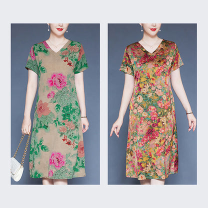 Mythstone V-Neck Green Red Peony Colorful Flowers Short Sleeve Midi Dress With Pockets