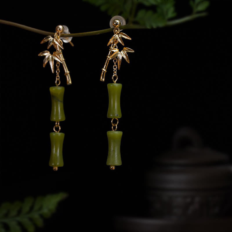 Mythstone 925 Sterling Silver Posts Copper Plated Gold Natural Peridot Bamboo Leaf Drop Earrings