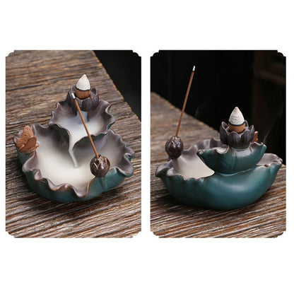 Mythstone Lotus Flower Leaf Frog Butterfly Pattern Healing Ceramic Incense Burner Decoration