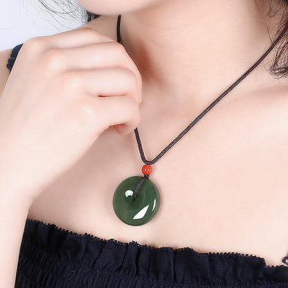 Mythstone Natural Round Jade Peace Buckle Prosperity Necklace String Pendant