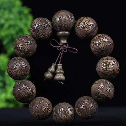 Mythstone Chinese Zodiac Rosewood Ebony Boxwood Copper Coin PiXiu Carved Warmth Bracelet