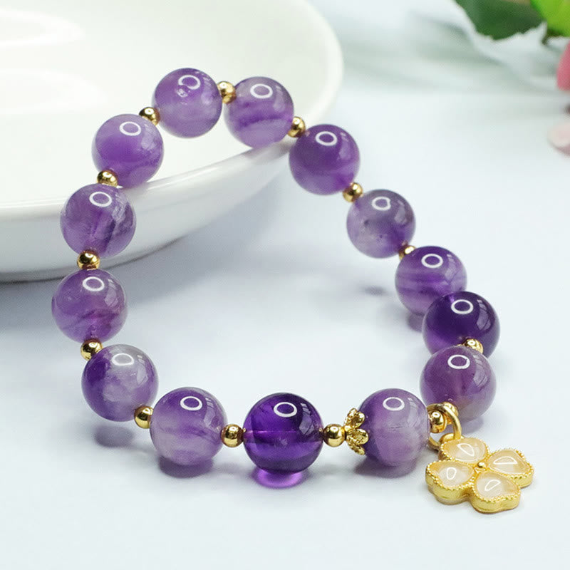 Mythstone Natural Amethyst Crystal Inner Peace Four Leaf Clover Charm Bracelet