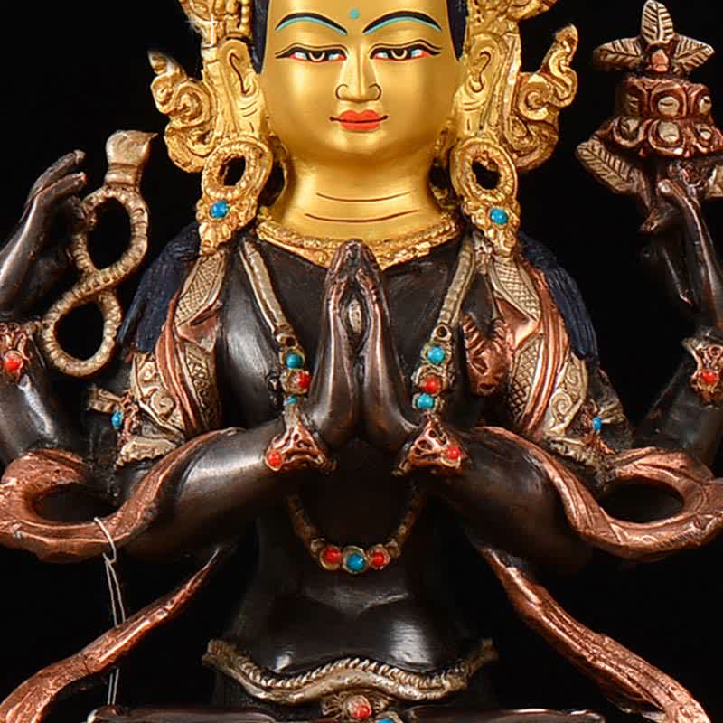 Mythstone Bodhisattva Chenrezig Four-armed Avalokitesvara Protection Copper Statue Decoration